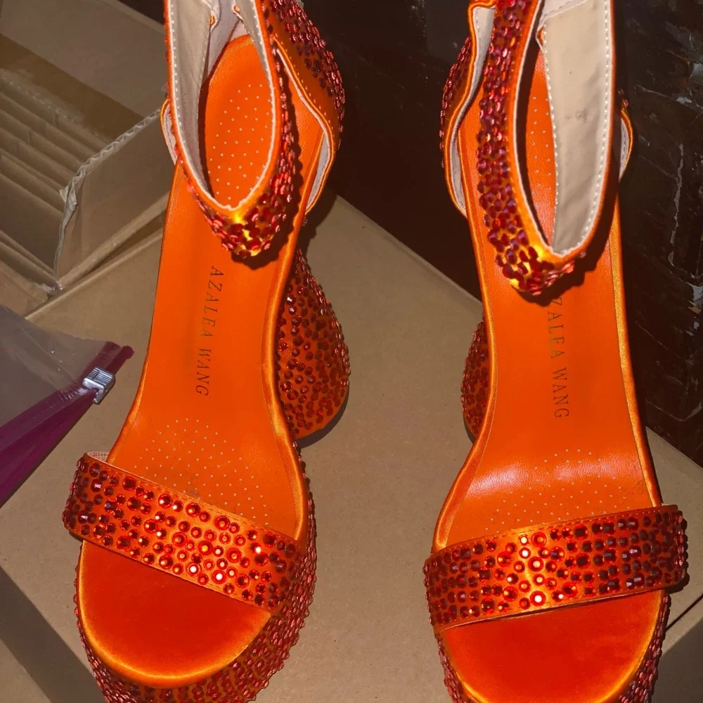 Glamorous Orange Rhinestone Platform Heels - Picture 2 of 10